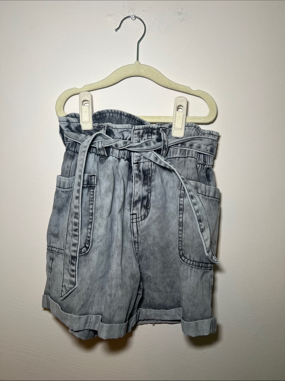 Hayden Girls Paperbag Waist Denim Shorts - Light Gray